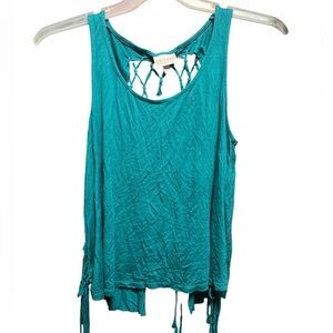 Shyanne Teal Sleeveless Top with open knitted back and fringed Hem